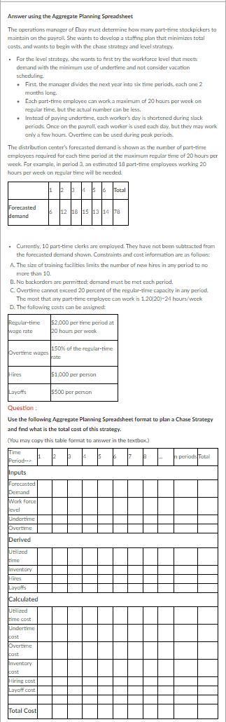  Answer using the Aggregate Planning Spreadsheet The operations manager of Eary