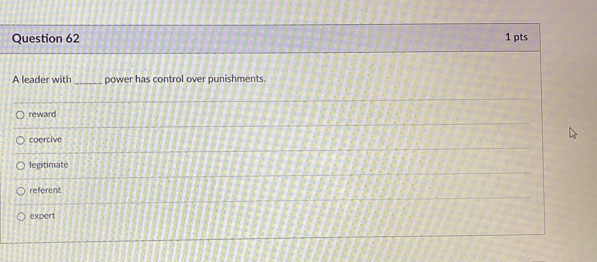  Question 62 1pts A leader with power has control over punishments.