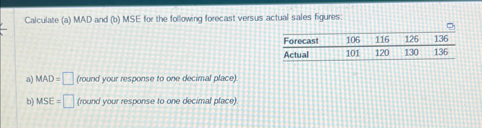  Calculate (a) MAD and (b) MSE for the following forecast versus