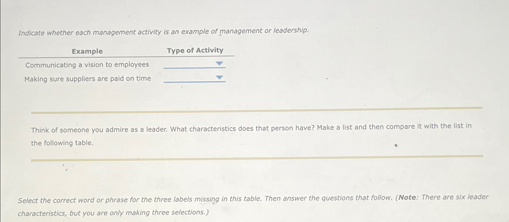  Indicate whether each management activity is an example of management or
