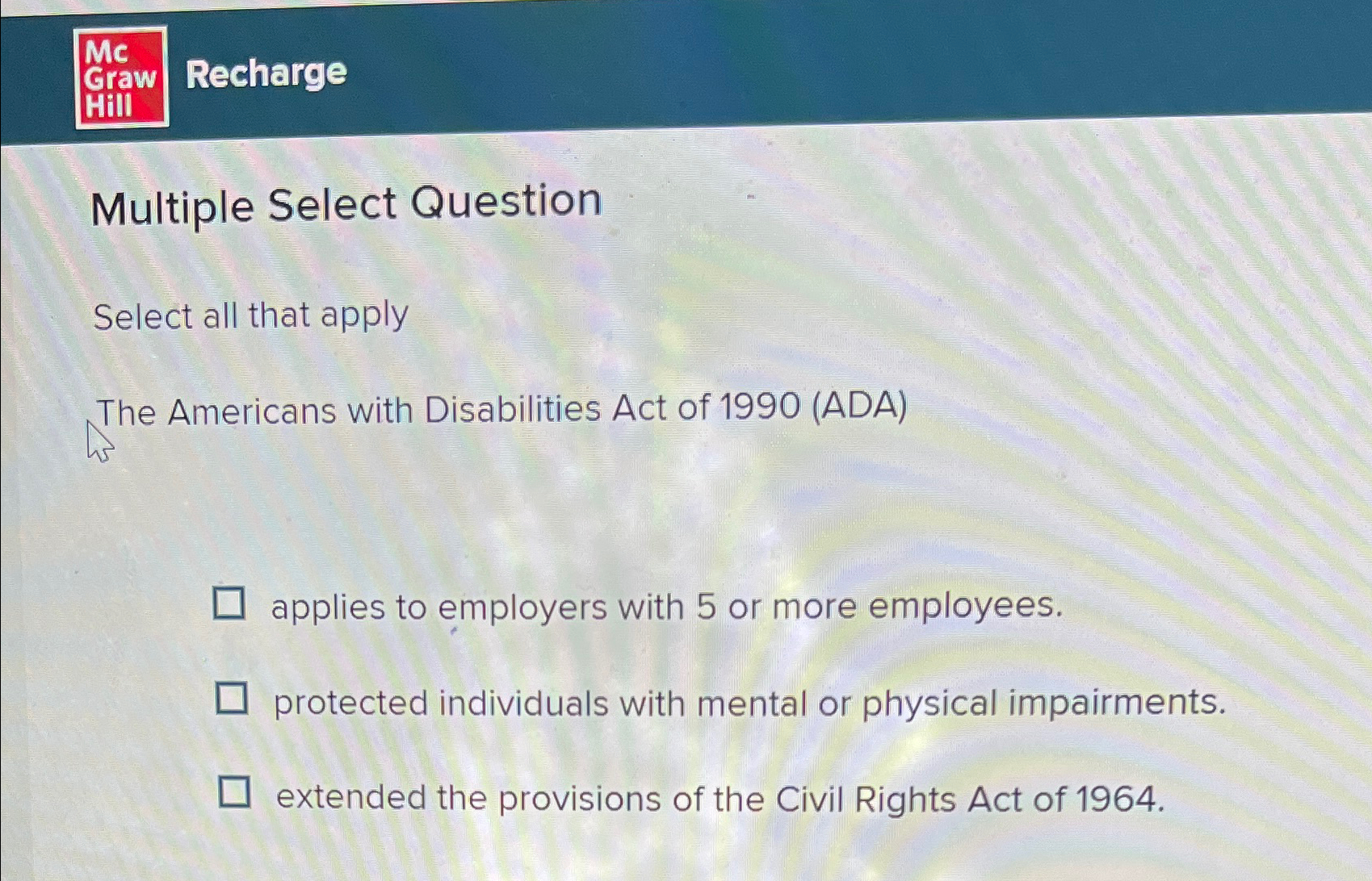  Mc Recharge craw Multiple Select Question Select all that apply The