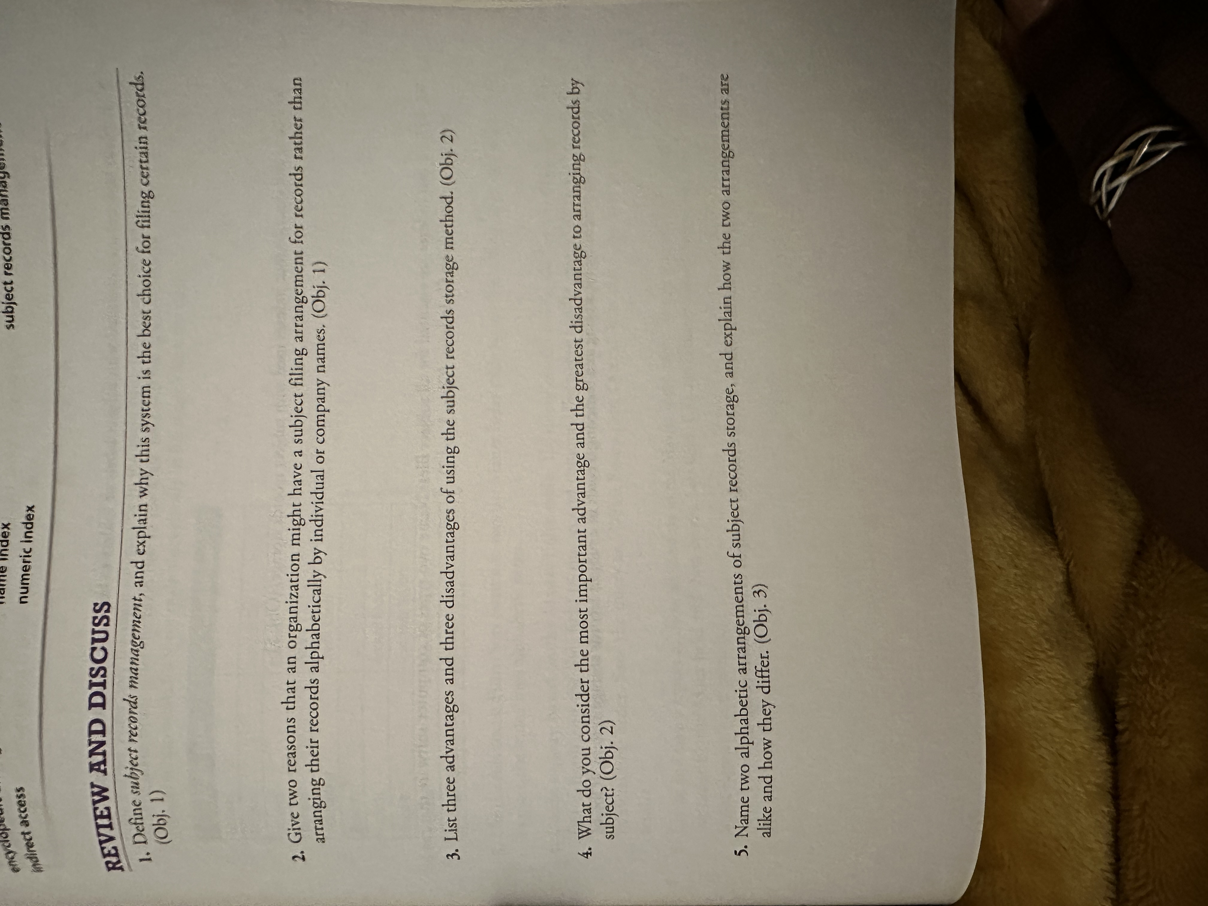  ndirect access numeric index REVIEW AND DISCUSS Define subject recordi management,