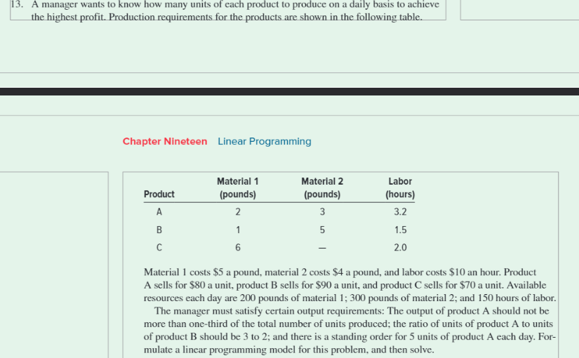  Chapter Nineteen Linear Programming Material 1 costs $5 a pound, material