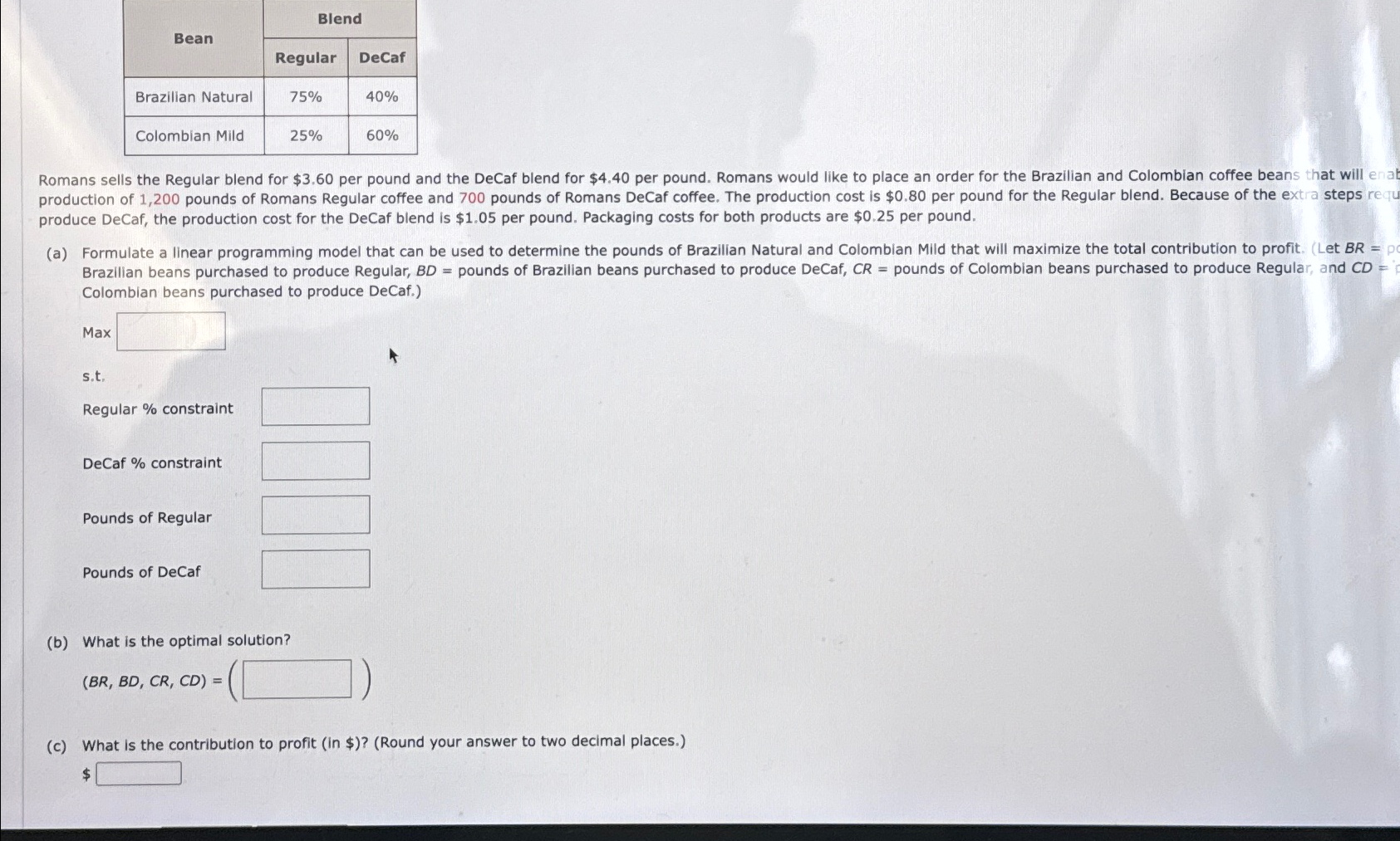  A linear programming computer package is needed. price is $0.47 per