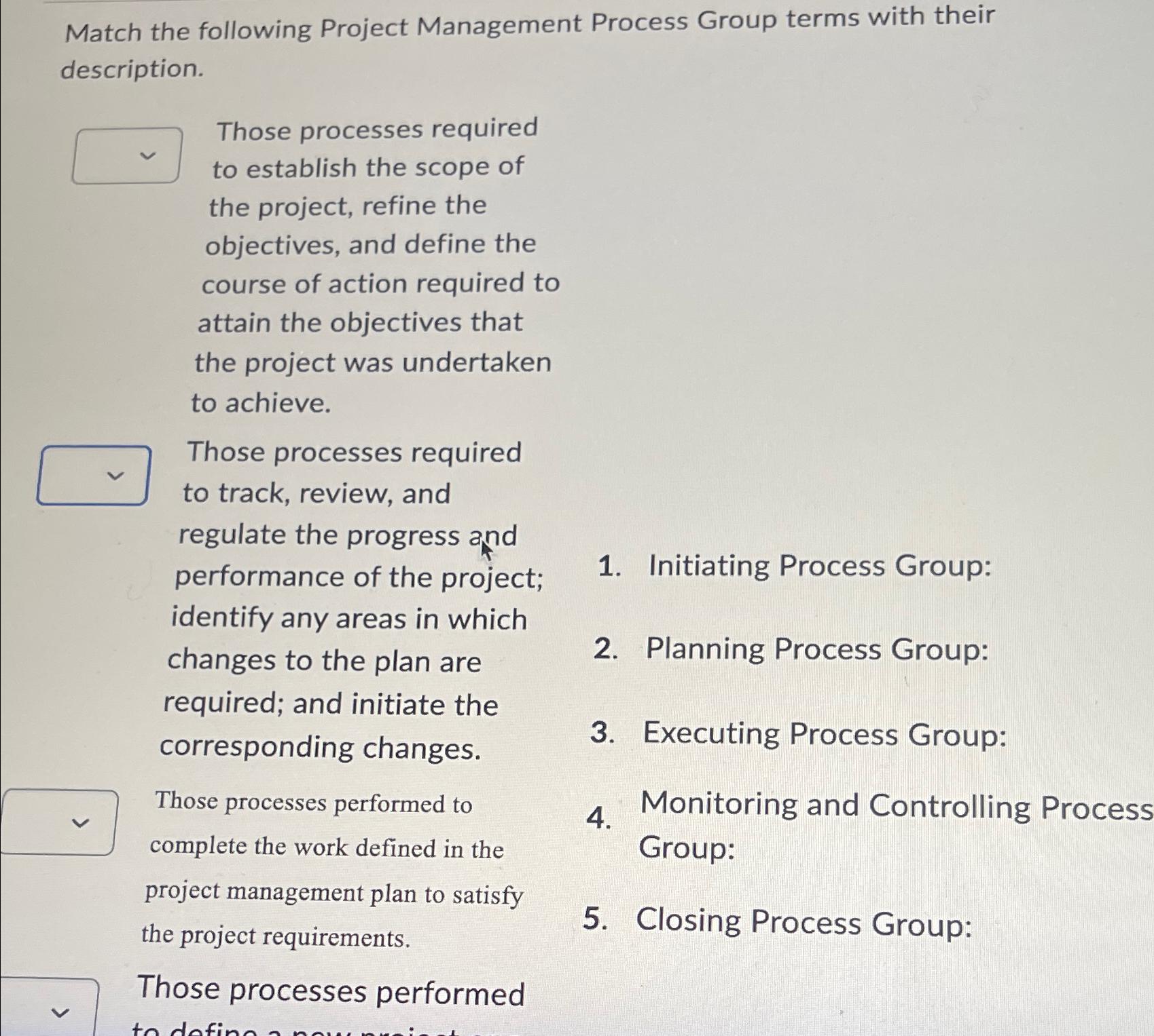  Match the following Project Management Process Group terms with their description.