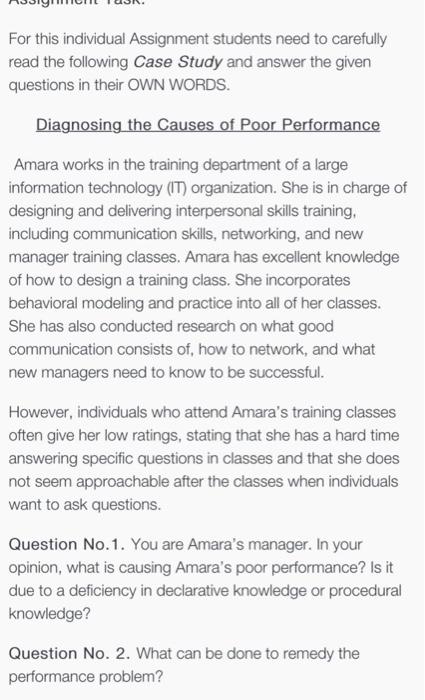  For this individual Assignment students need to carefully read the following