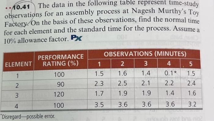  - 0.41 The data in the following table represent time-study observations