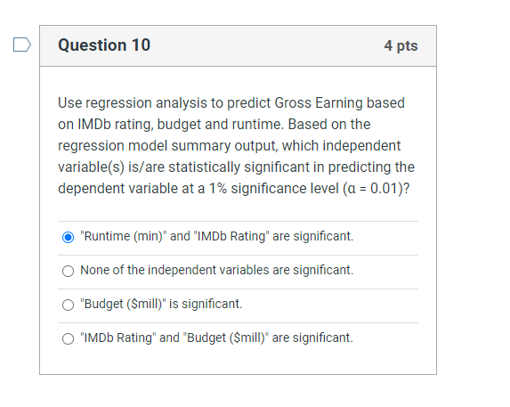  Question 10 Use regression analysis to predict Gross Earning based on