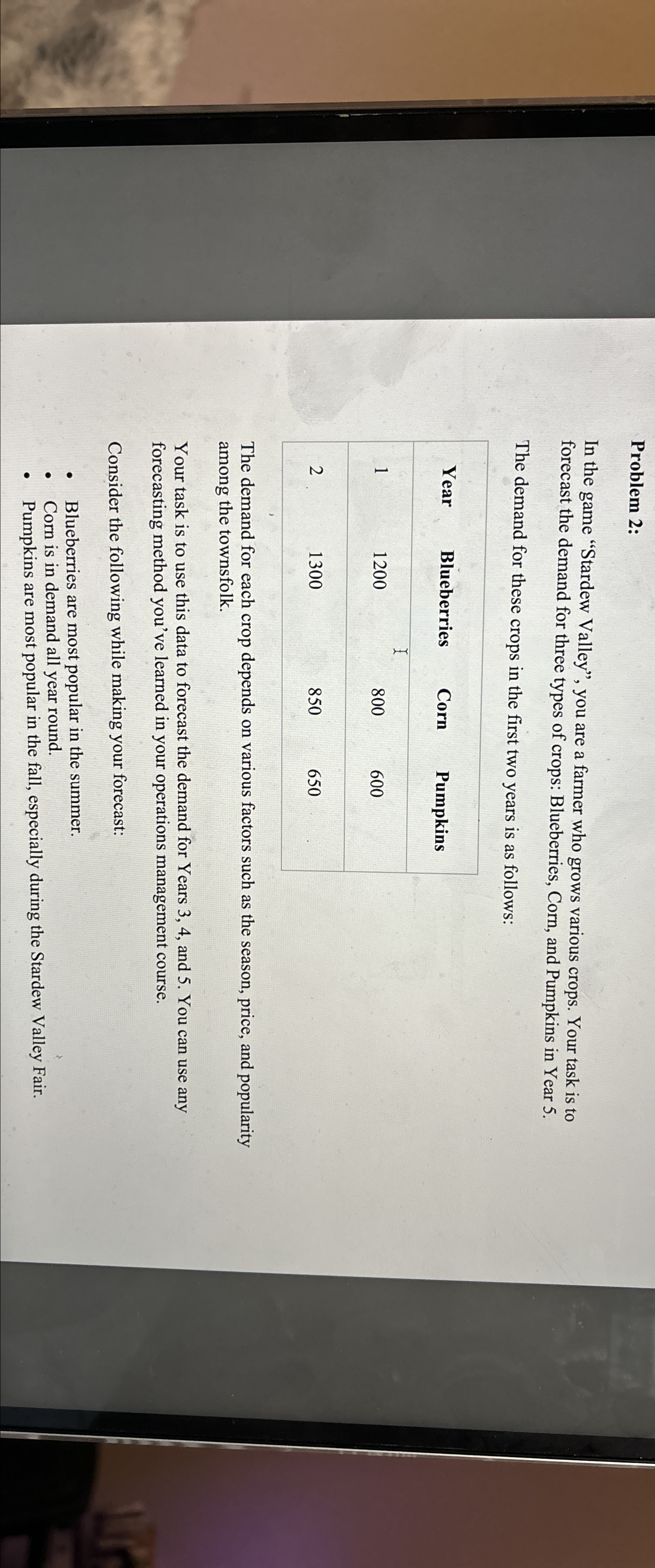  Problem 2: In the game "Stardew Valley", you are a farmer