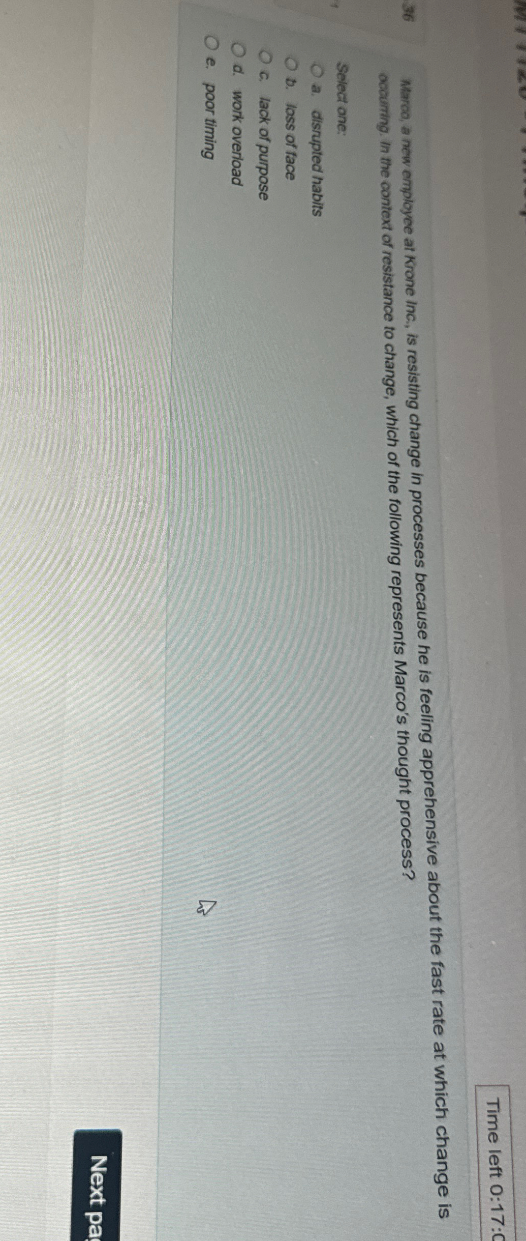  Time left 0:17:0 Marco, a new employce at Krone Inc, is