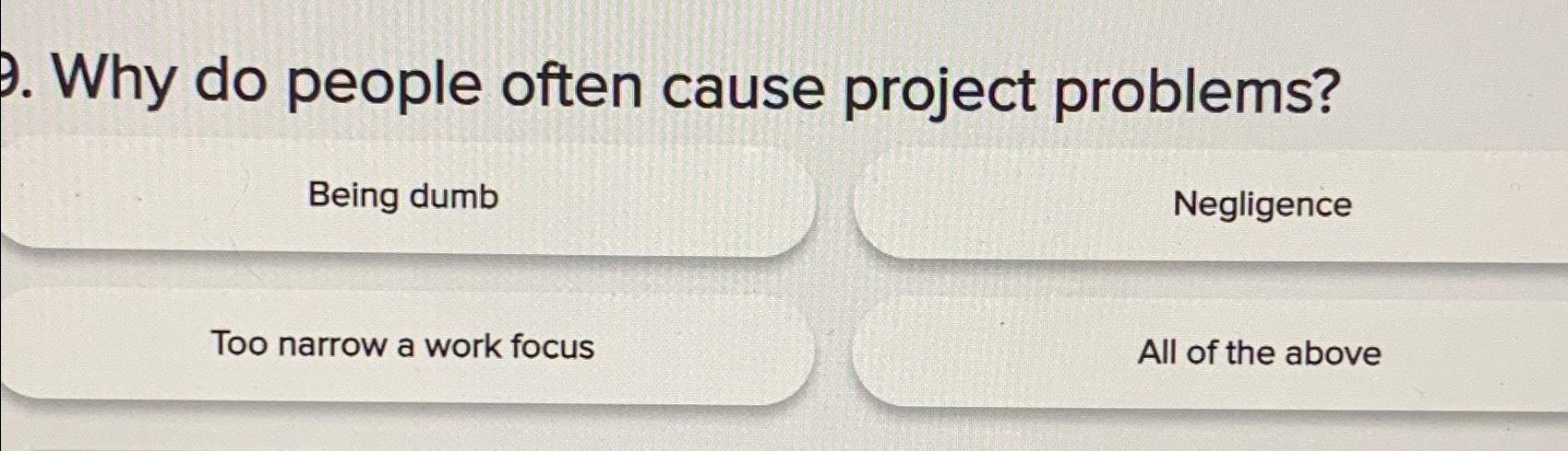  Why do people often cause project problems? Being dumb Negligence Too