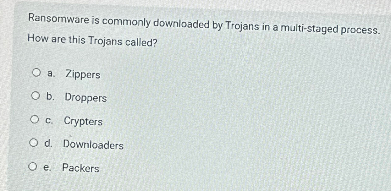  Ransomware is commonly downloaded by Trojans in a multi-staged process. How