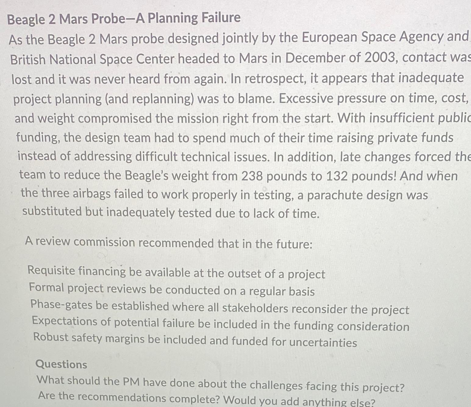  Beagle 2 Mars Probe-A Planning Failure As the Beagle 2 Mars