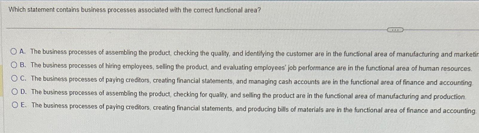  Which statement contains business processes associated with the correct functional area?