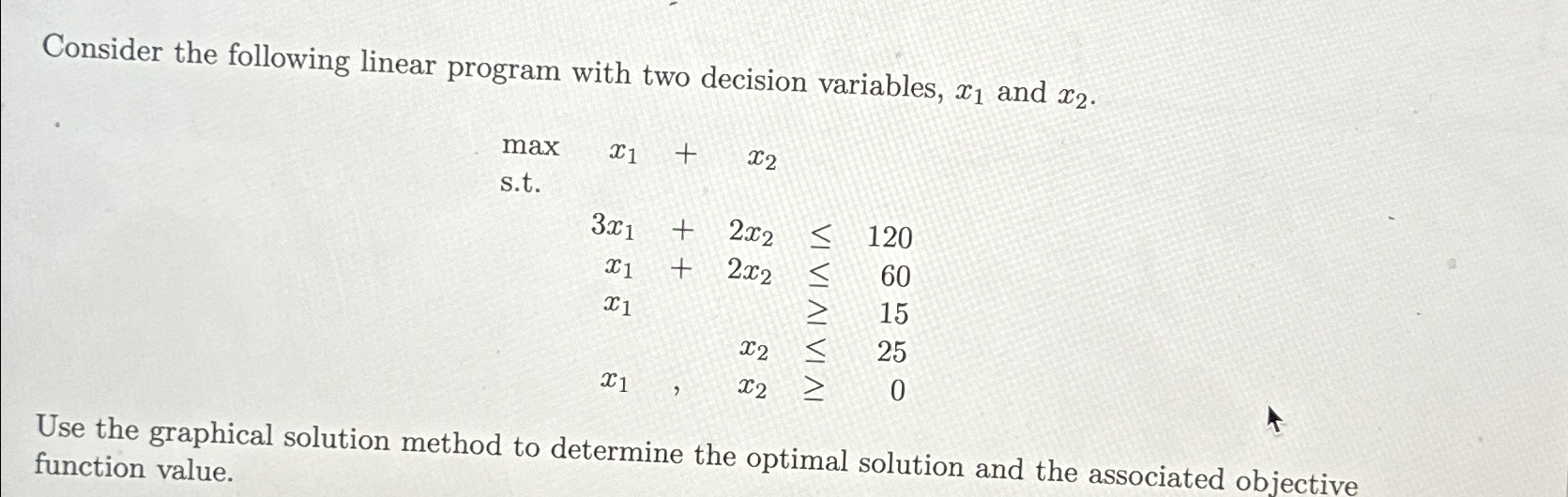  Consider the following linear program with two decision variables, x1 and