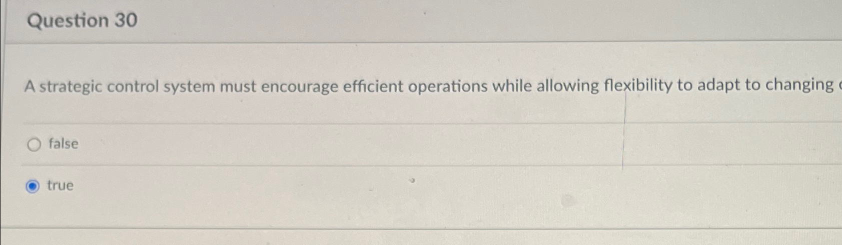  Question 30 A strategic control system must encourage efficient operations while