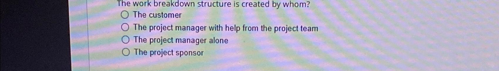  The work breakdown structure is created by whom? The customer The