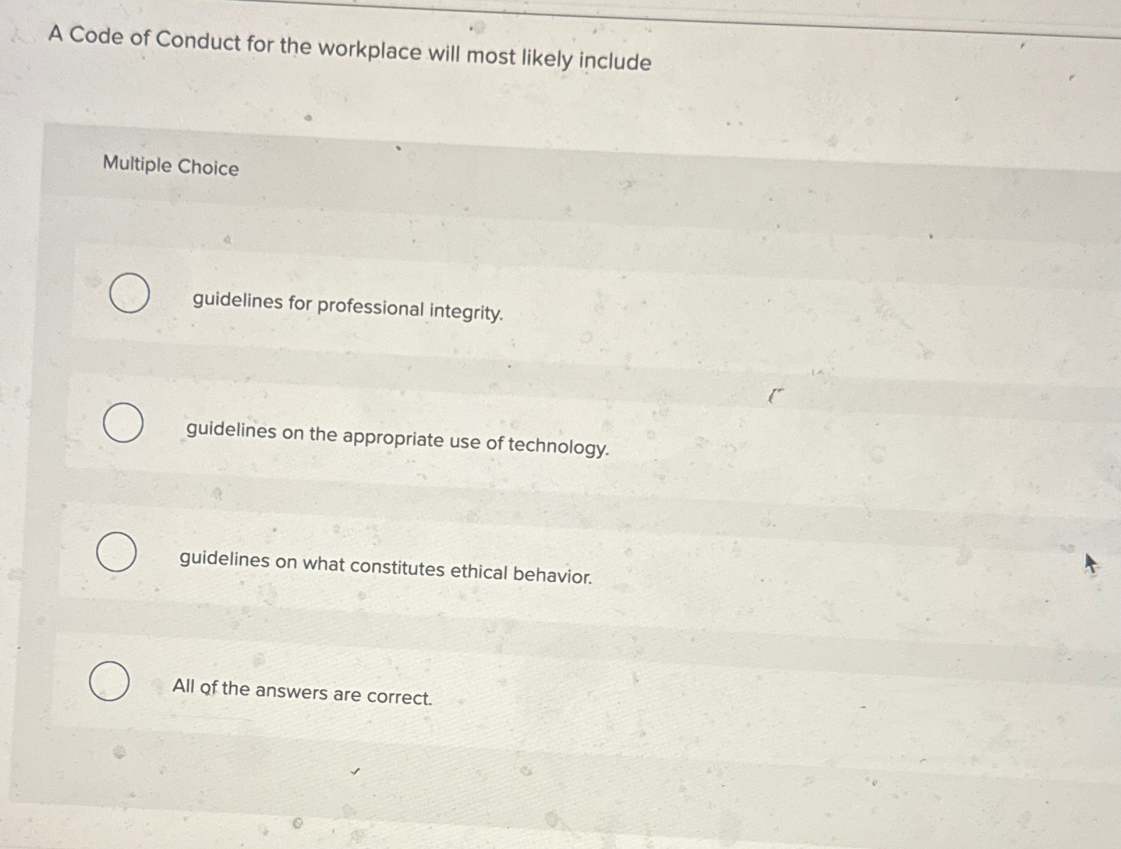  A Code of Conduct for the workplace will most likely include