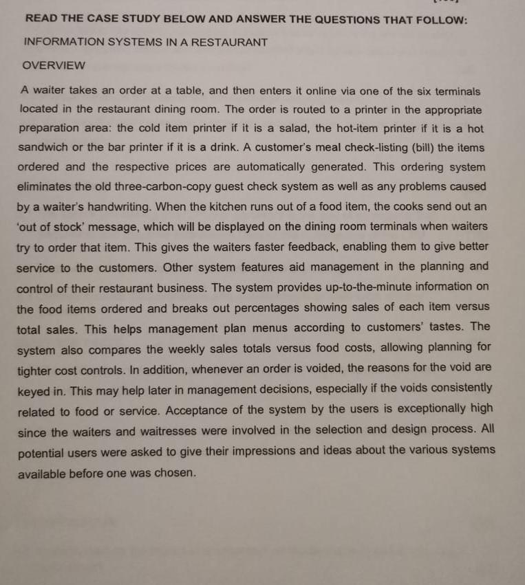 READ THE CASE STUDY BELOW AND ANSWER THE QUESTIONS THAT FOLLOW: