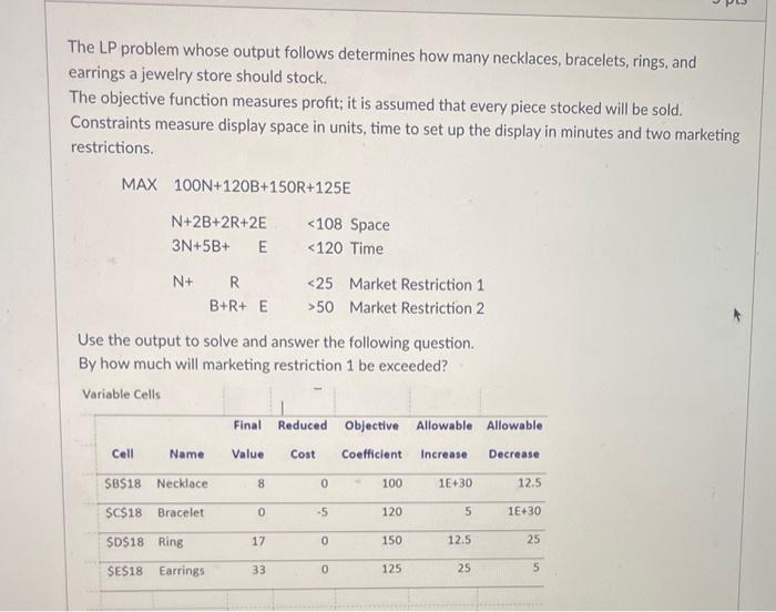  The LP problem whose output follows determines how many necklaces, bracelets,