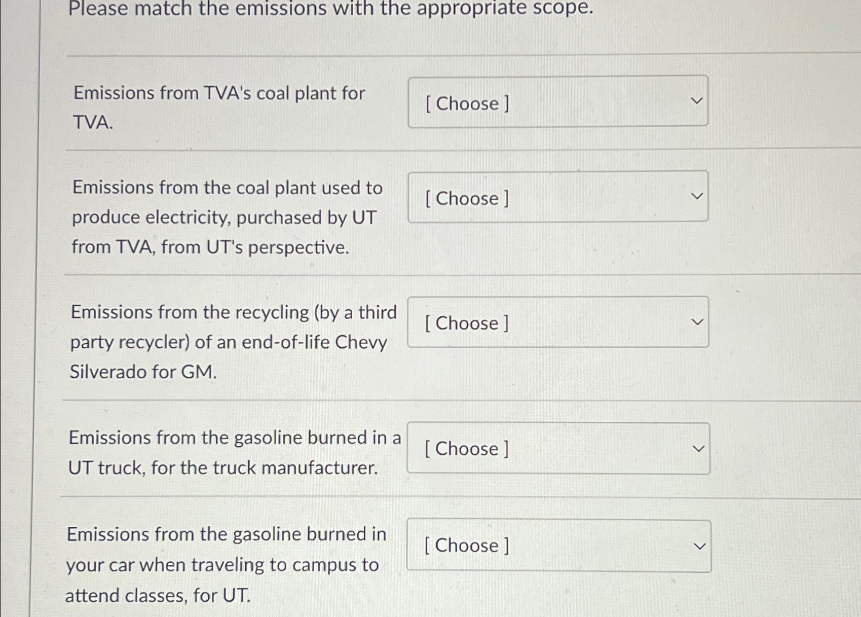  Please match the emissions with the appropriate scope. Emissions from TVA's
