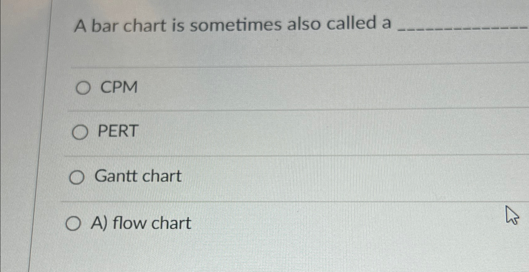  A bar chart is sometimes also called a CPM PERT Gantt