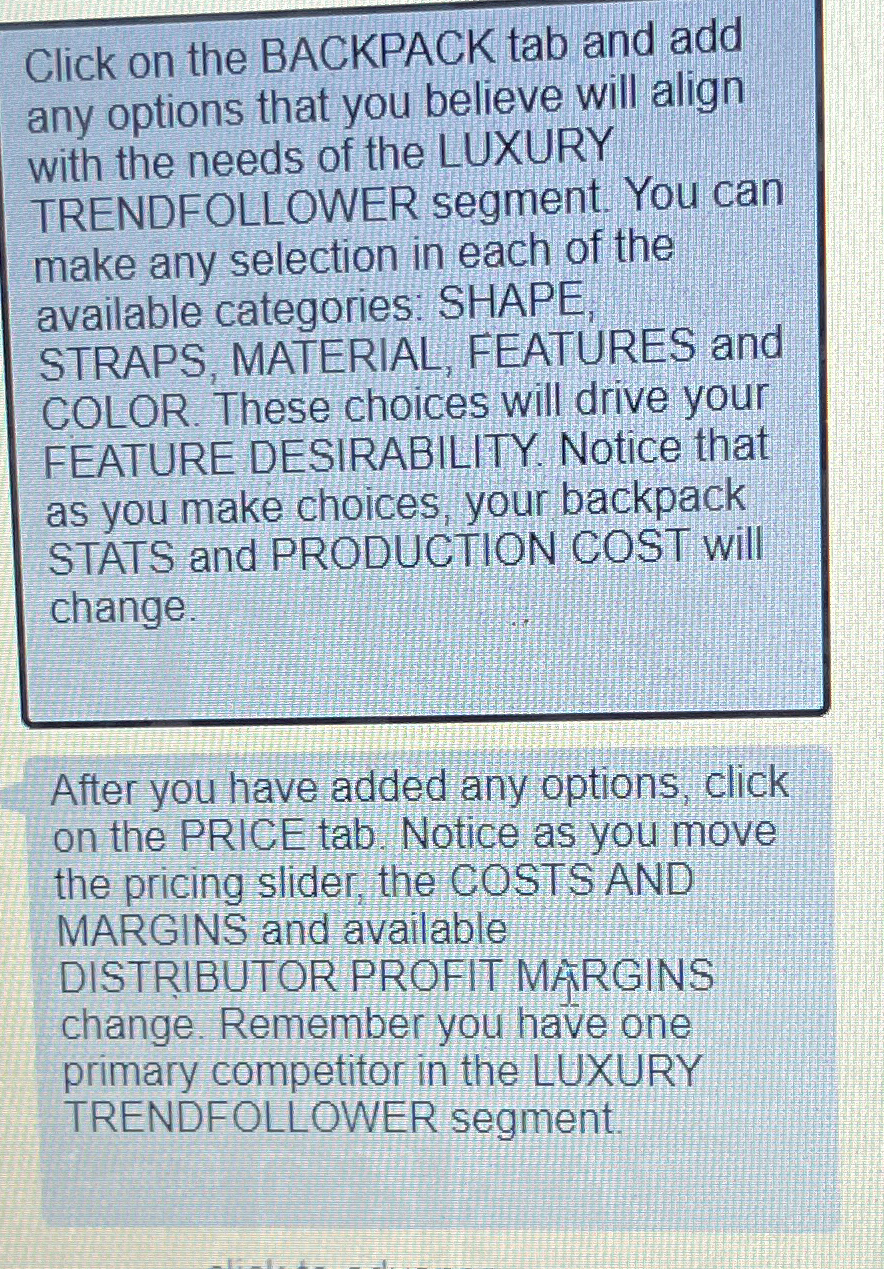  Click on the BACKPACK tab and add any options that you