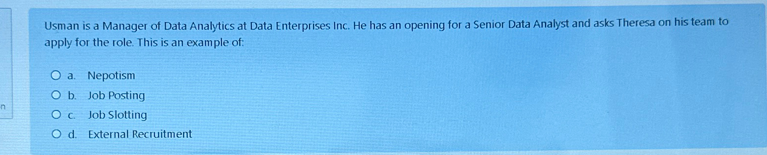  Usman is a Manager of Data Analytics at Data Enterprises Inc.