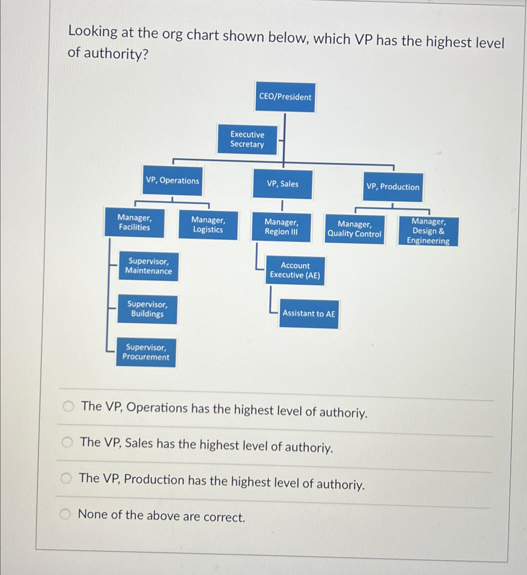  Looking at the org chart shown below, which VP has the