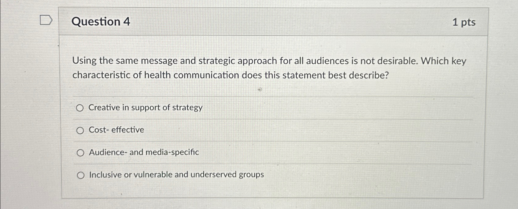  Question 4 1pts Using the same message and strategic approach for