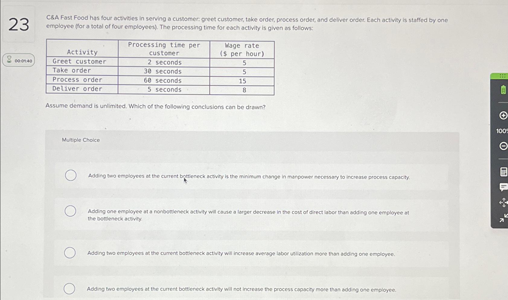  23 C&A Fast Food has four activities in serving a customer: