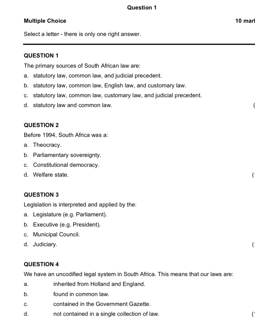  Question 1 Multiple Choice 10mar Select a letter - there is
