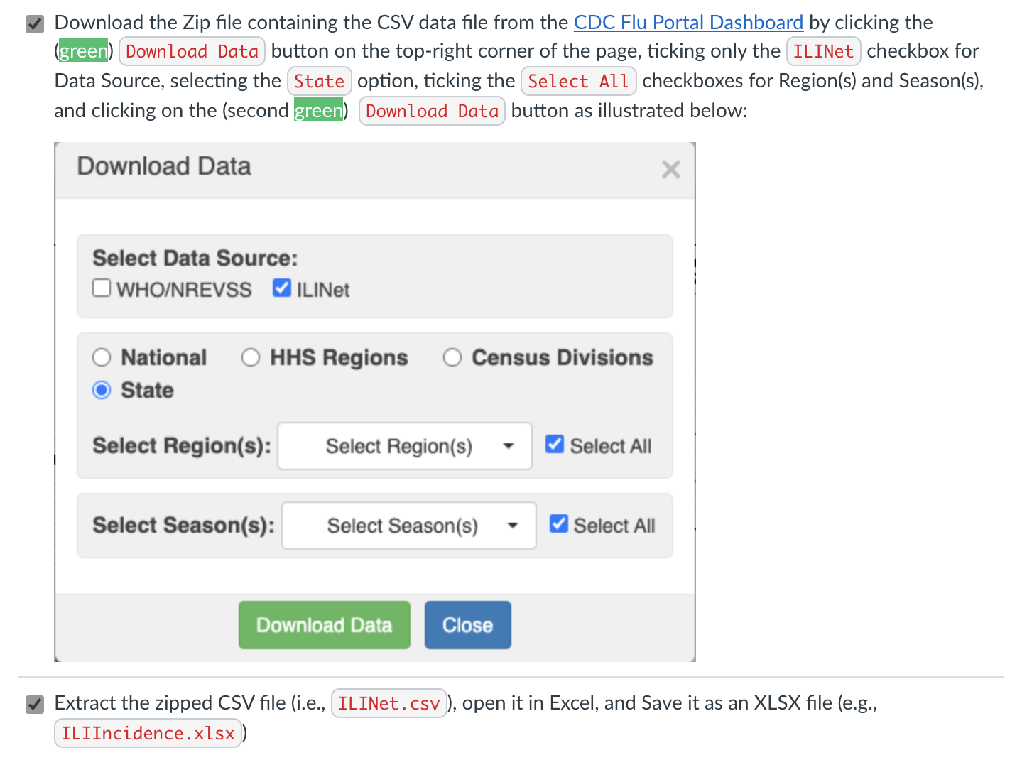 This is the link to download the data: https://gis.cdc.gov/grasp/fluview/fluportaldashboard.html Download the Zip