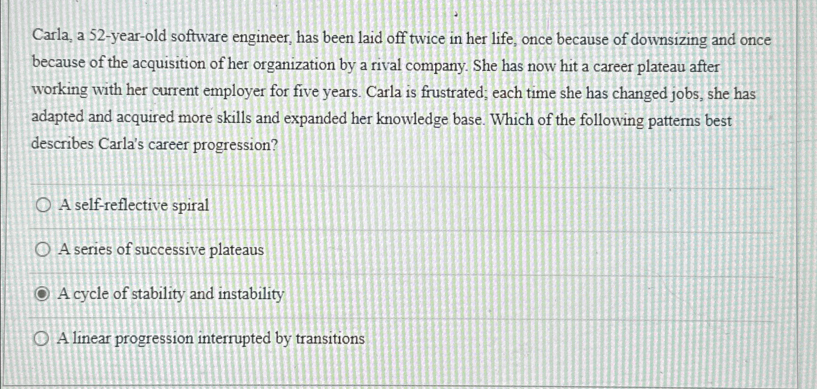  Carla, a 52-year-old software engineer, has been laid off twice in