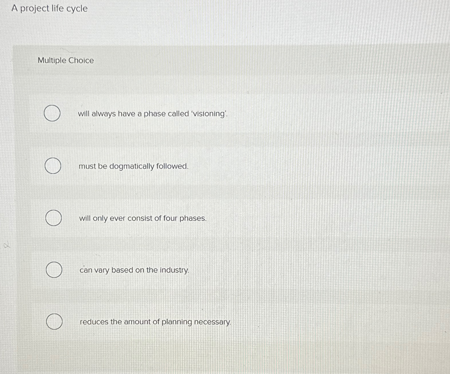  A project life cycle Multiple Choice will always have a phase