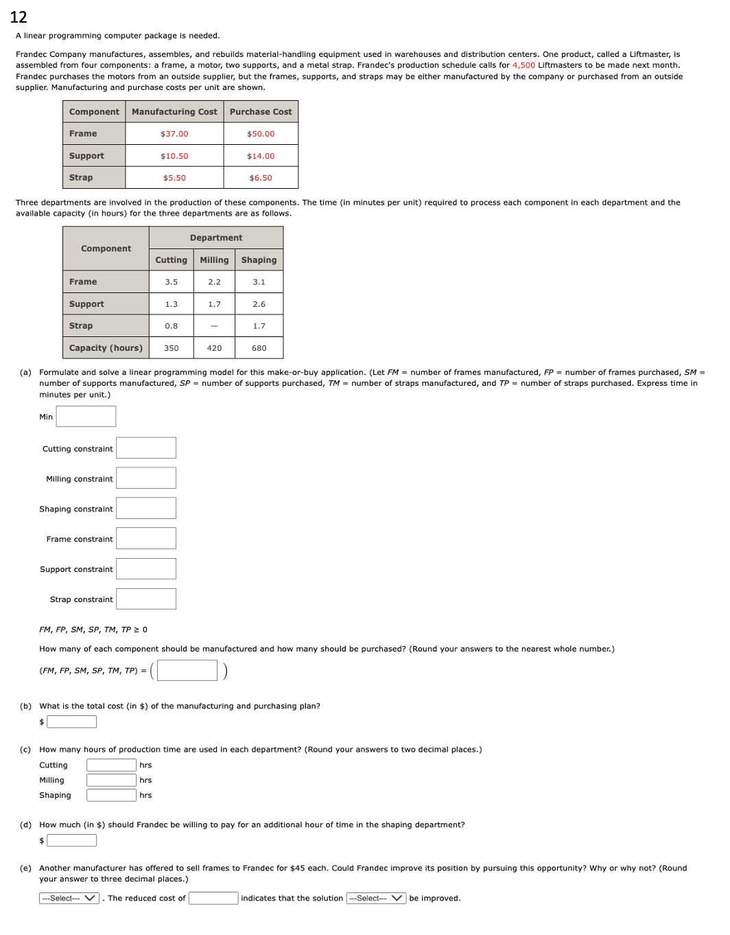  A linear programming computer package is needed. supplier. Manufacturing and purchase