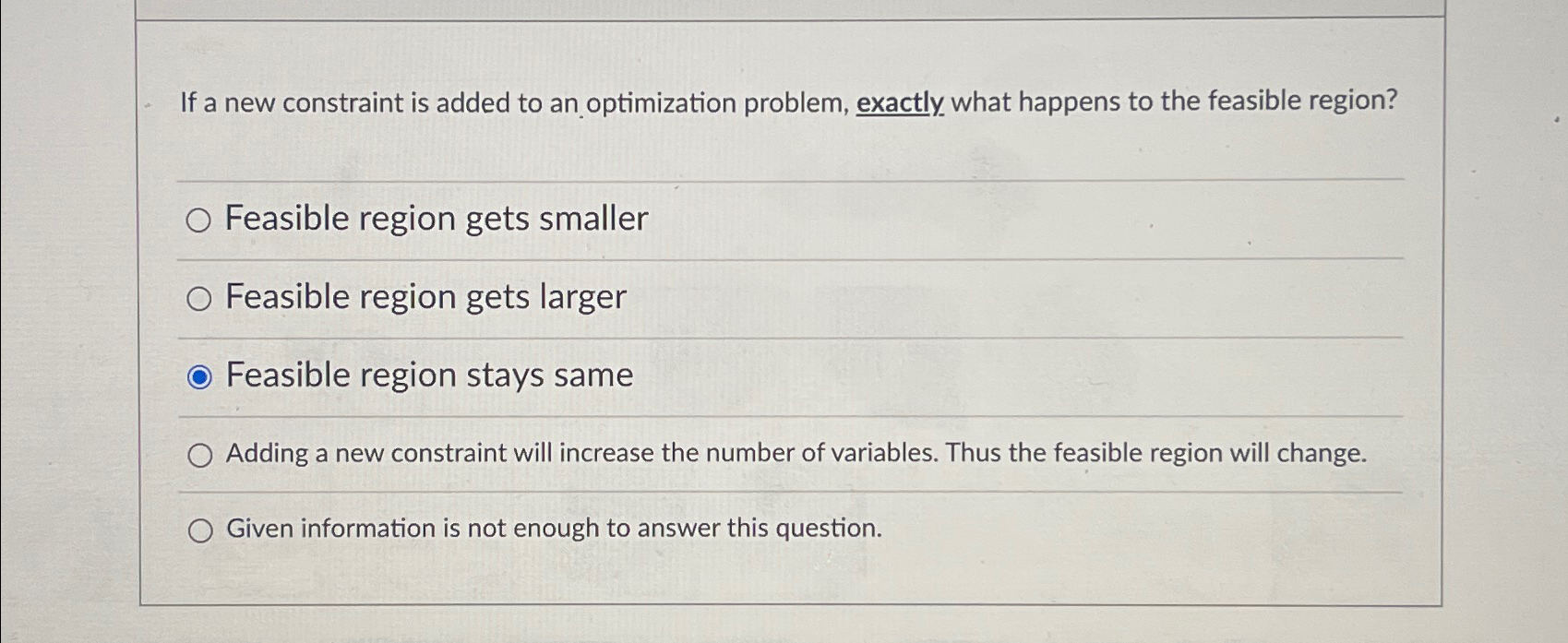  If a new constraint is added to an optimization problem, exactly