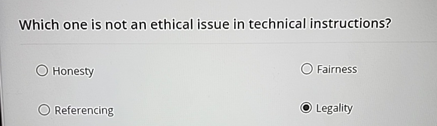  Which one is not an ethical issue in technical instructions? Honesty