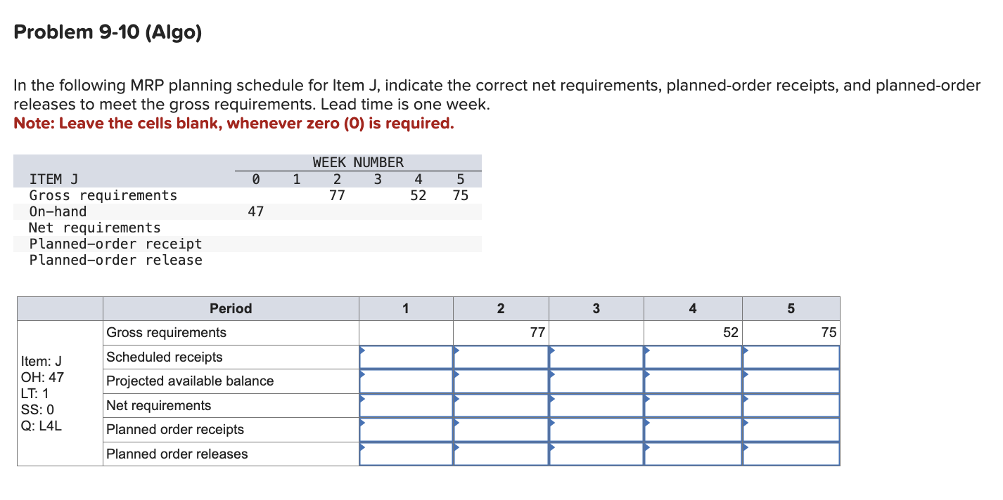  Problem 9-10(Algo) In the following MRP planning schedule for Item J,