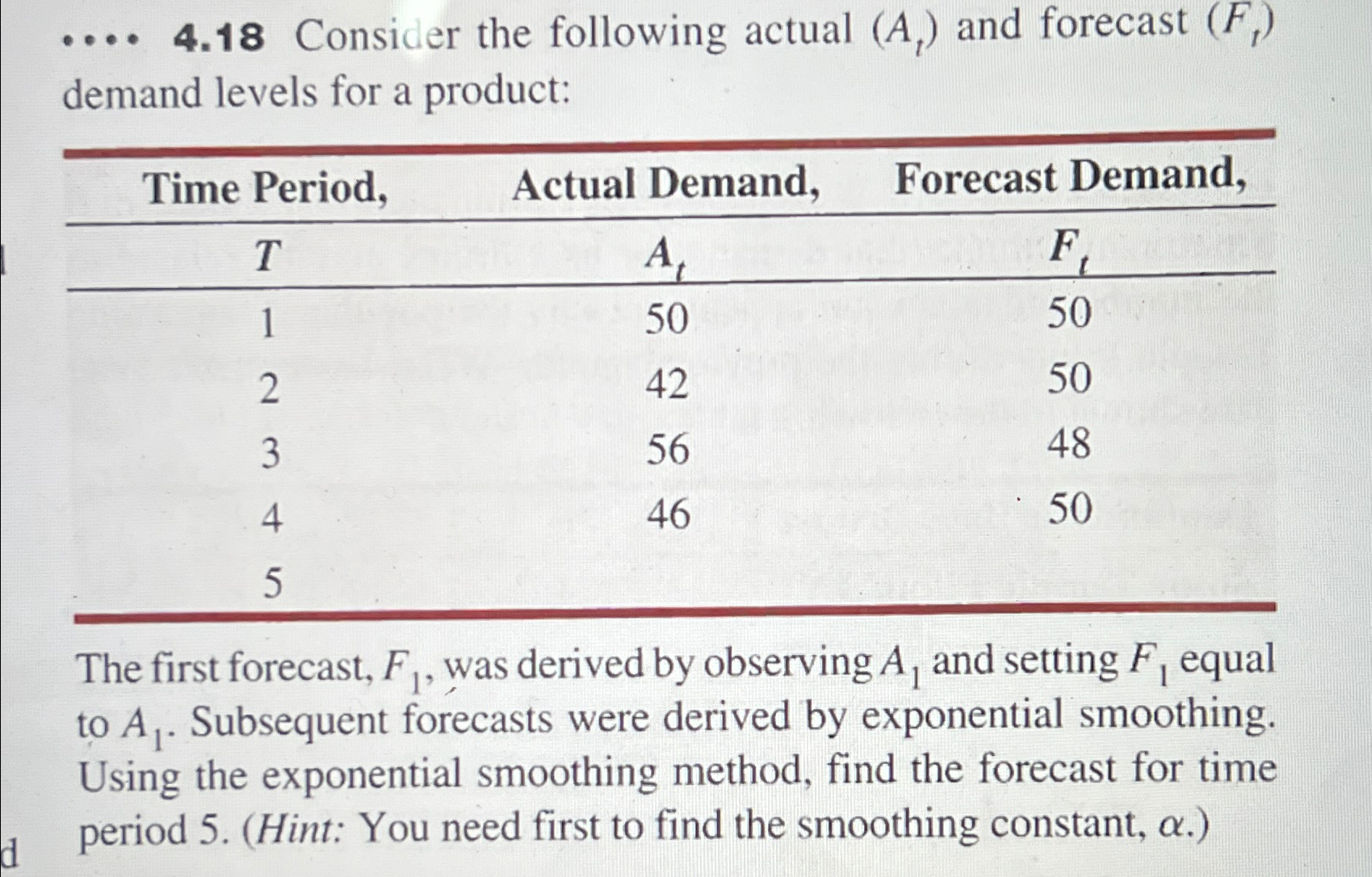  ...4.18 Consider the following actual (At) and forecast (Ft) demand levels