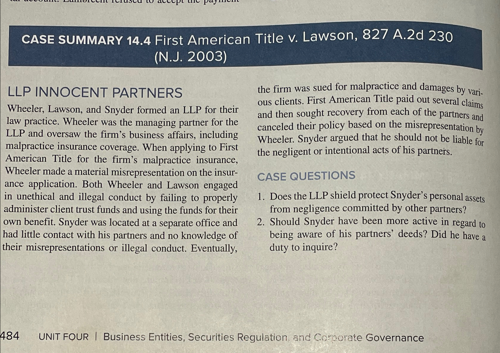  CASE SUMMARY 14.4 First American Title v. Lawson, 827 A.2d 230(N.J.2003)