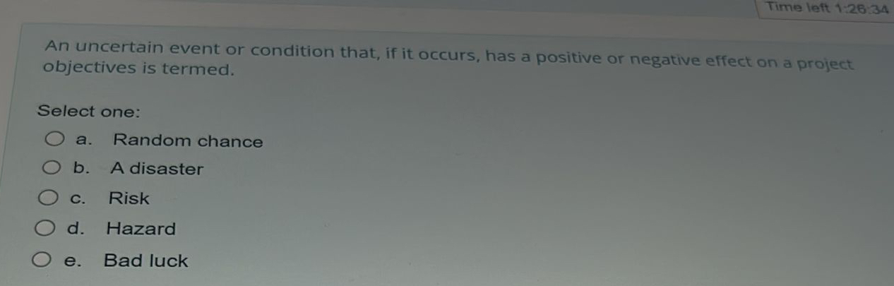  Time left 1:28:34 An uncertain event or condition that, if it