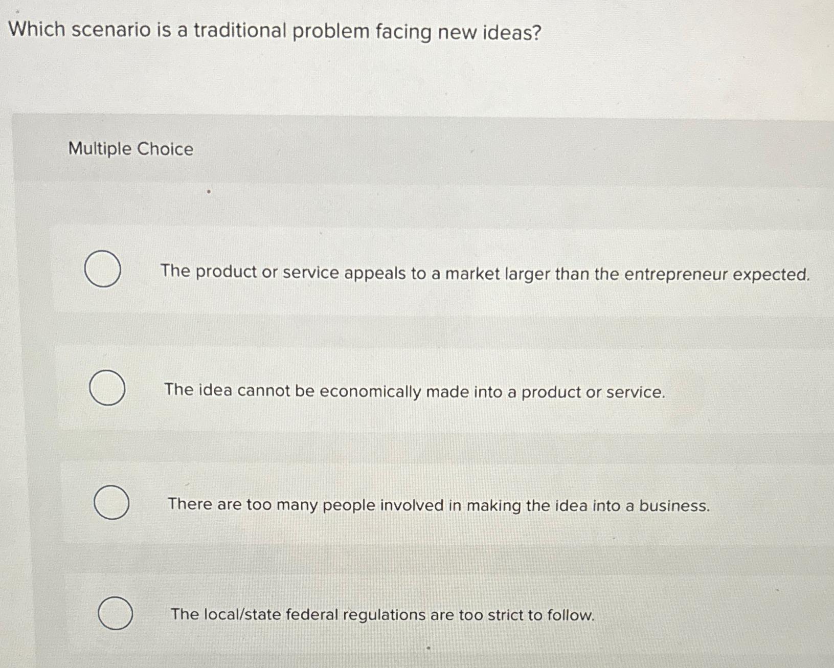  Which scenario is a traditional problem facing new ideas? Multiple Choice
