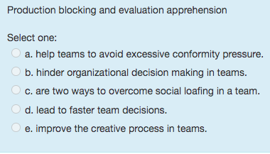  Production blocking and evaluation apprehension Select one: a. help teams to