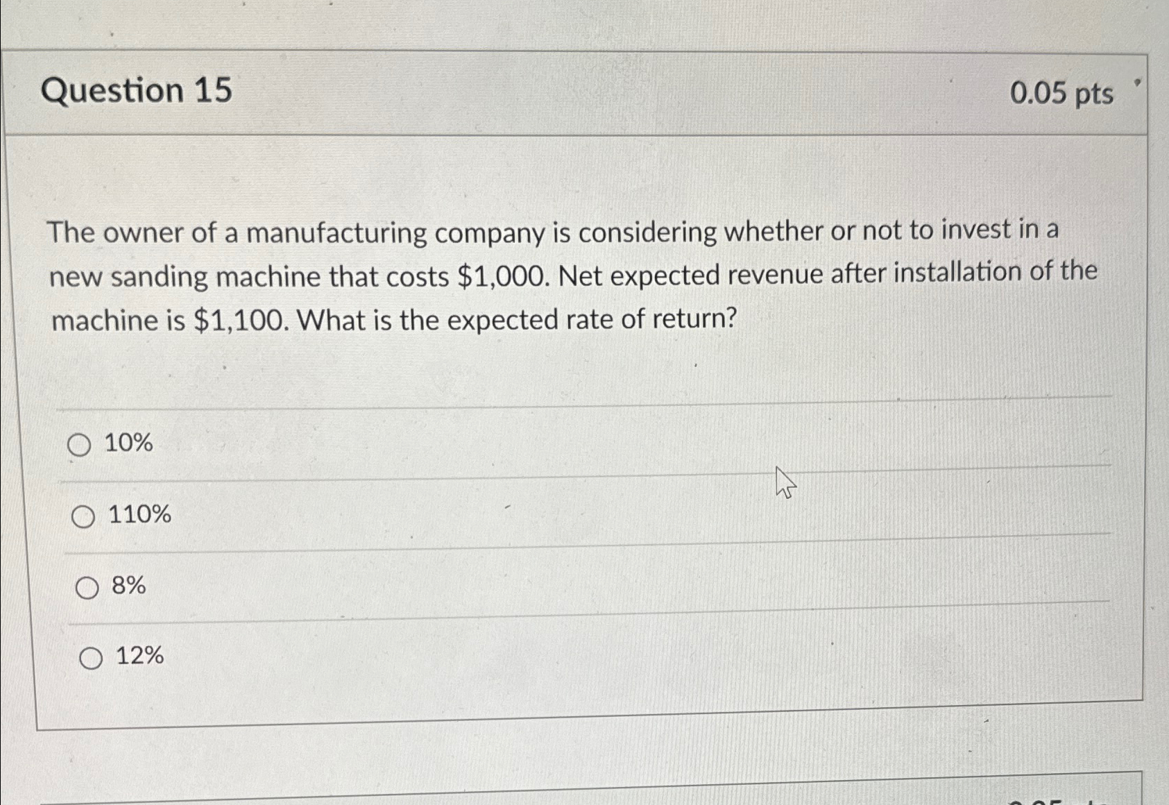  Question 15 0.05 pts The owner of a manufacturing company is