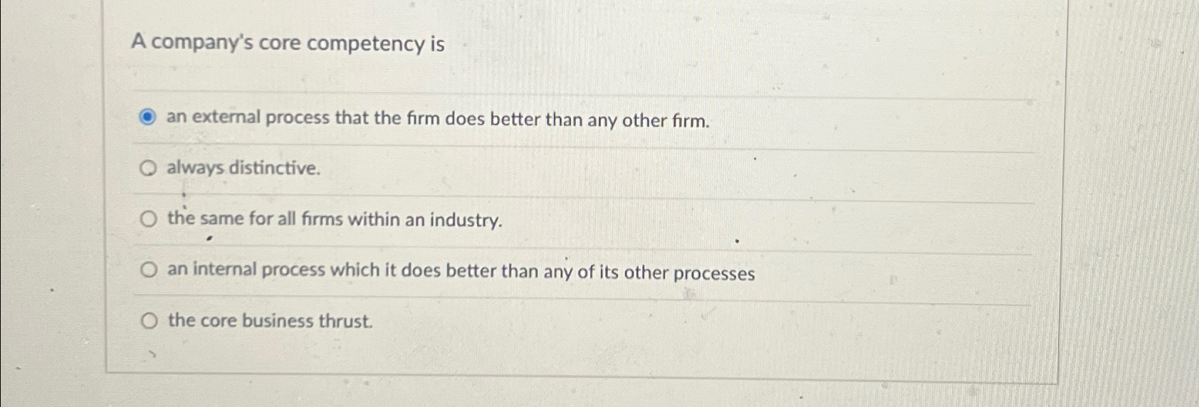  A company's core competency is an external process that the firm