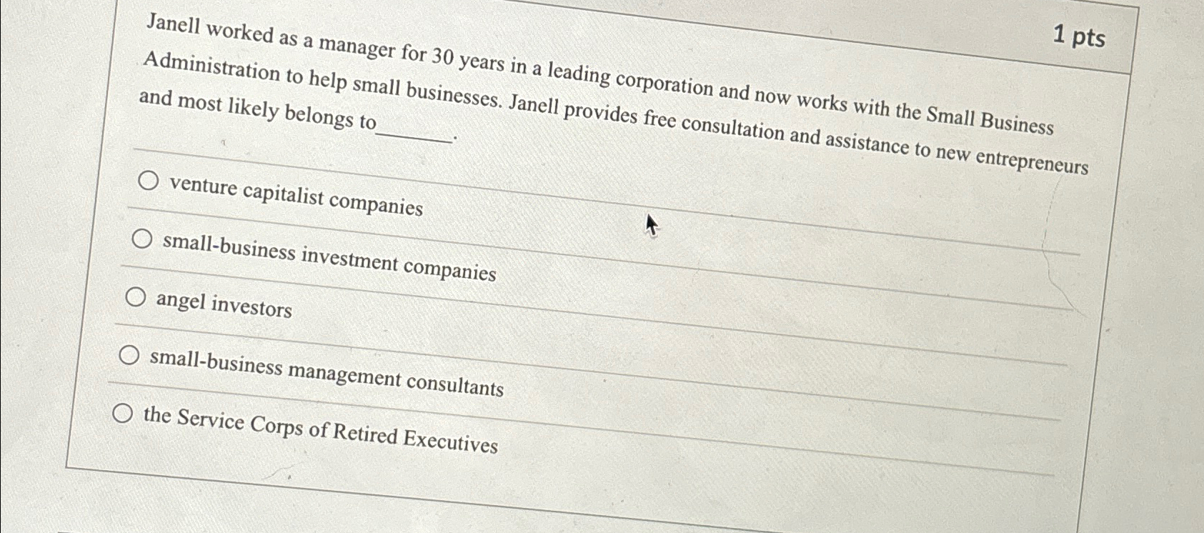  1pts Janell worked as a manager for 30 years in a