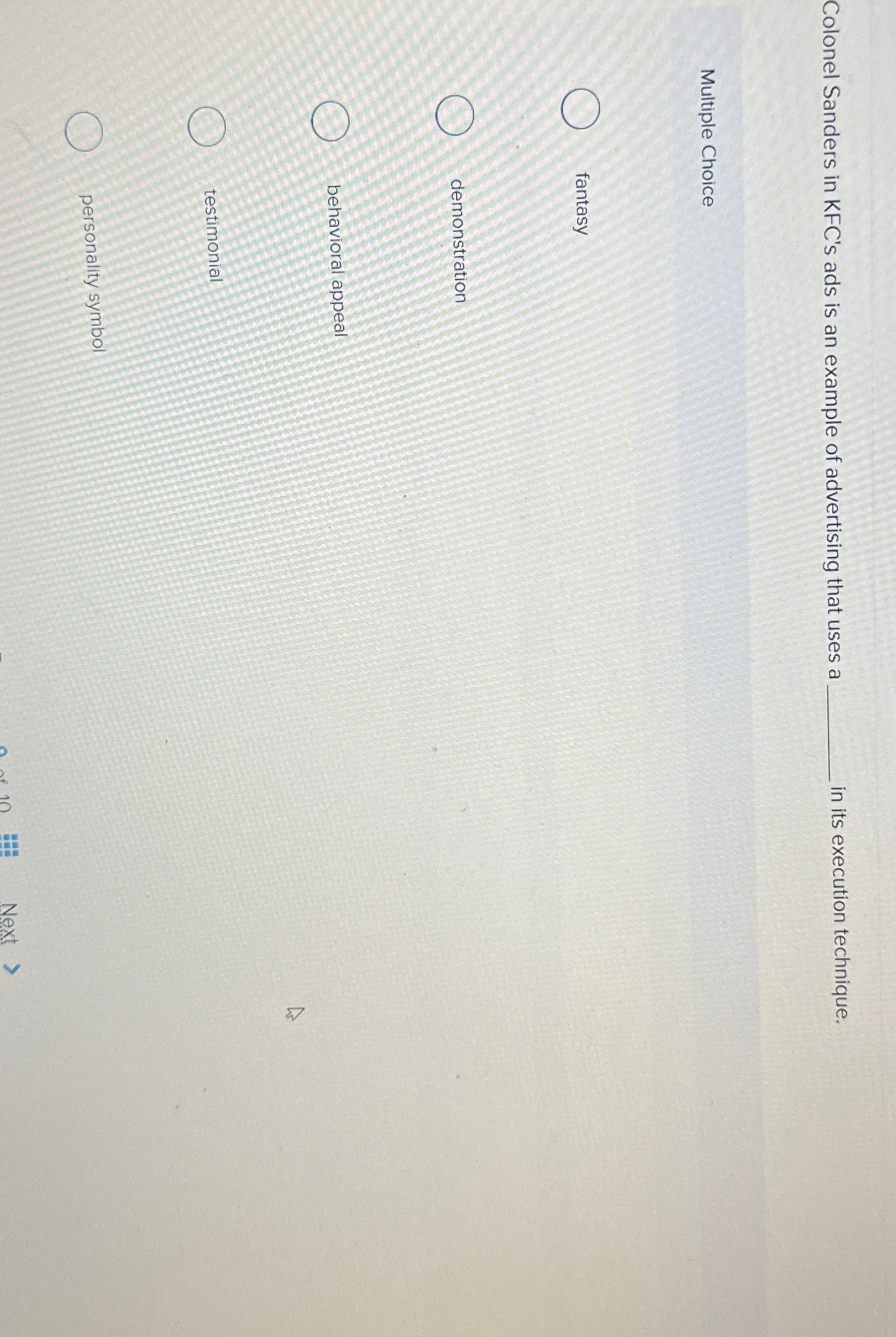  Colonel Sanders in KFC's ads is an example of advertising that