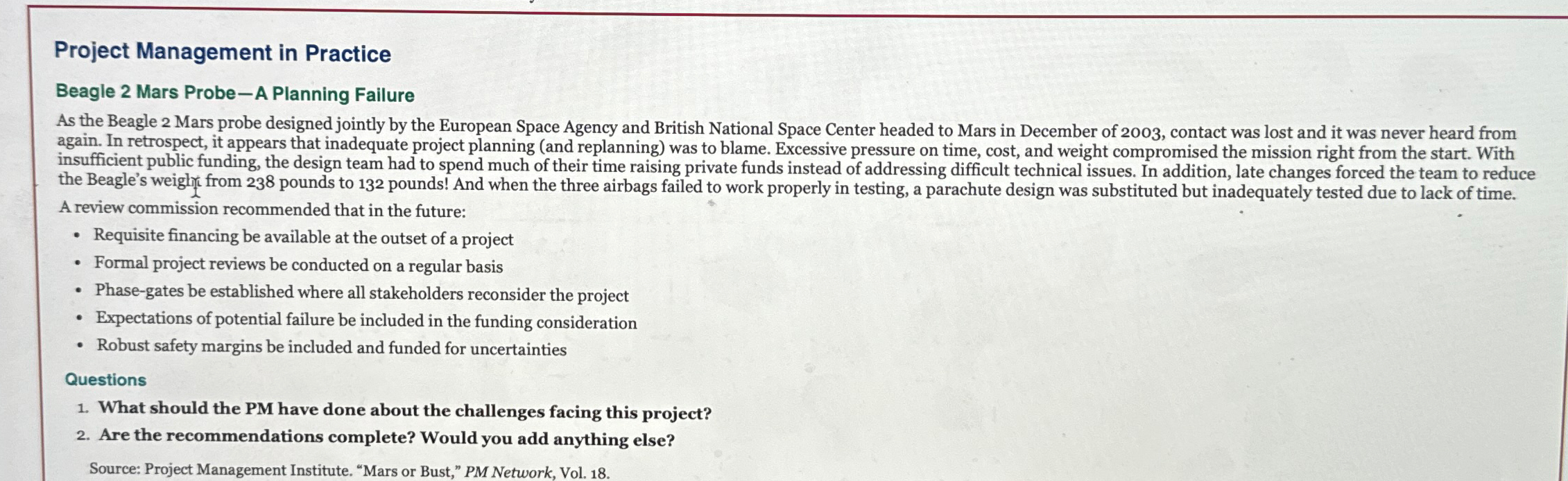  Project Management in Practice Beagle 2 Mars Probe-A Planning Failure A