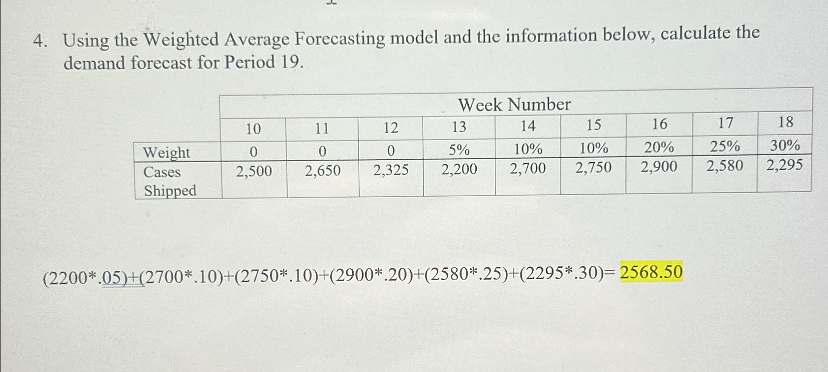  Using the Weighted Average Forecasting model and the information below, calculate